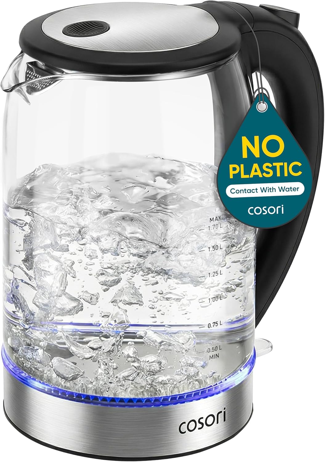 COSORI borosilicate glass electric kettle with stainless steel filter