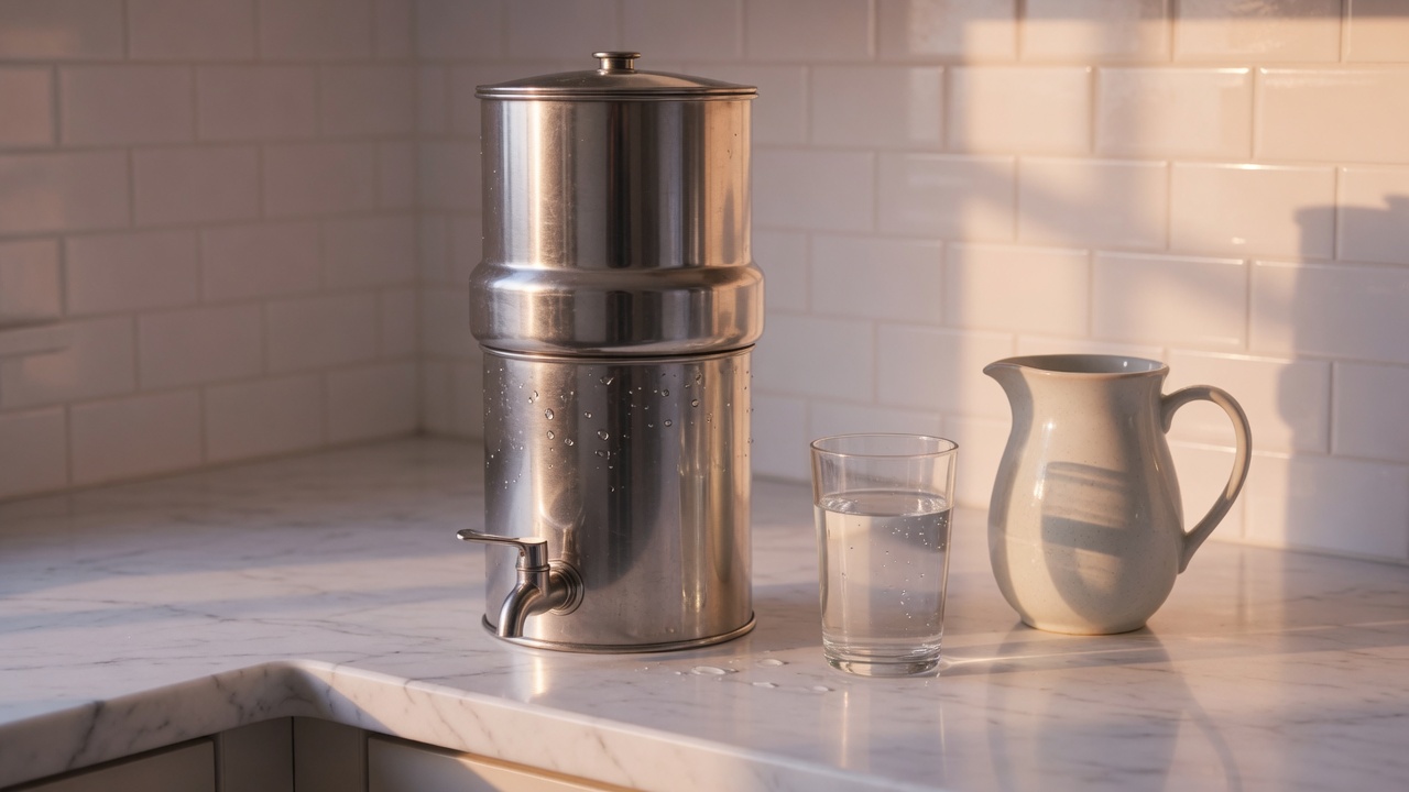 Stainless steel gravity water filter on a kitchen counter next to a glass of water