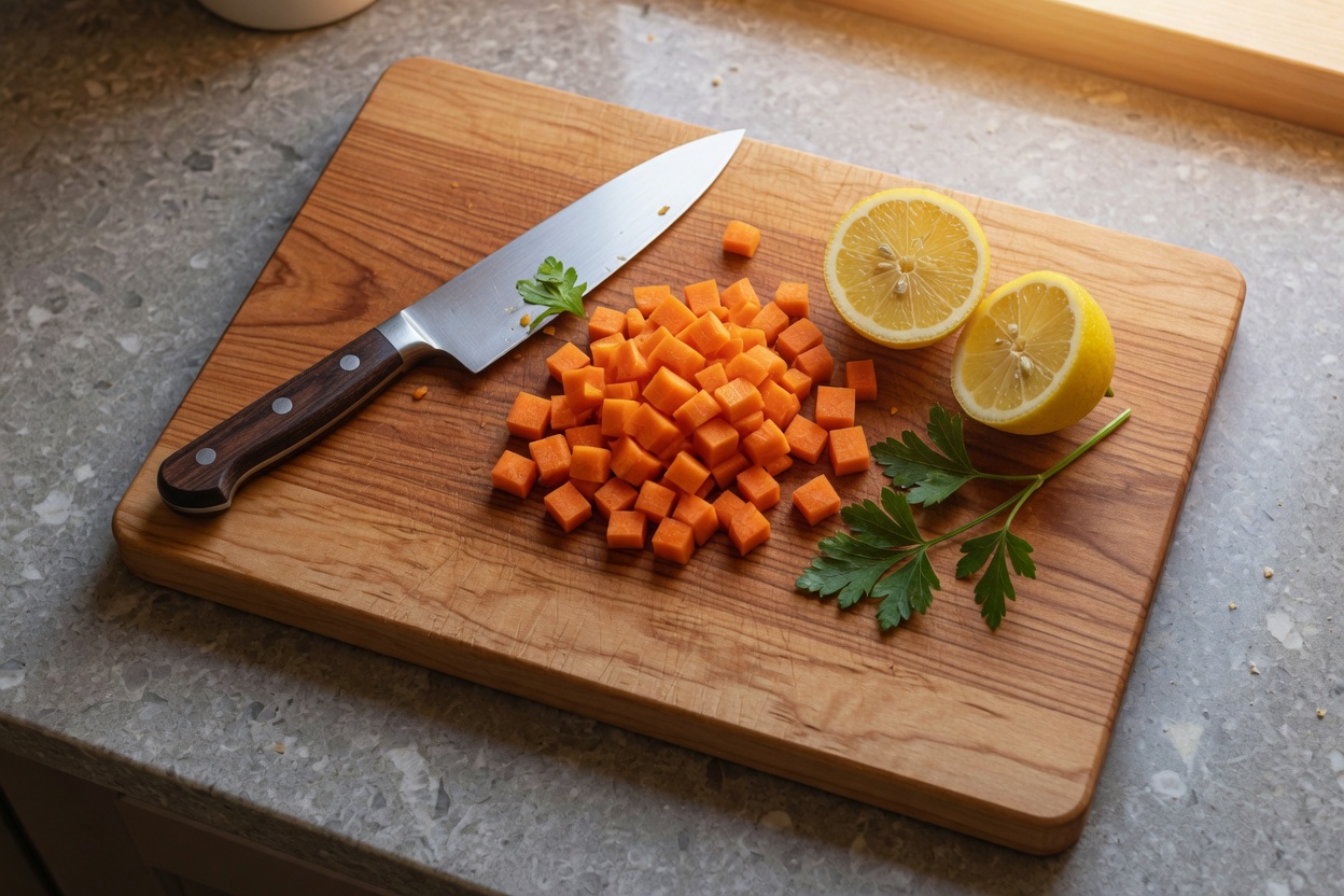 Hard maple cutting board with diced carrots, lemon, parsley, and a chef knife