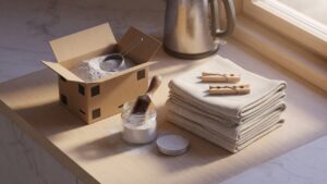 Cardboard box of unscented laundry powder, glass jar, and folded cotton towels on a wood counter