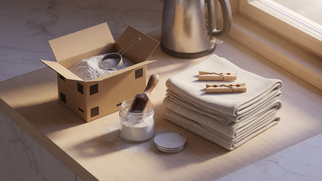 Cardboard box of unscented laundry powder, glass jar, and folded cotton towels on a wood counter