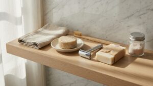 Shampoo bar, bamboo toothbrush, safety razor, and soap on a wood bathroom shelf