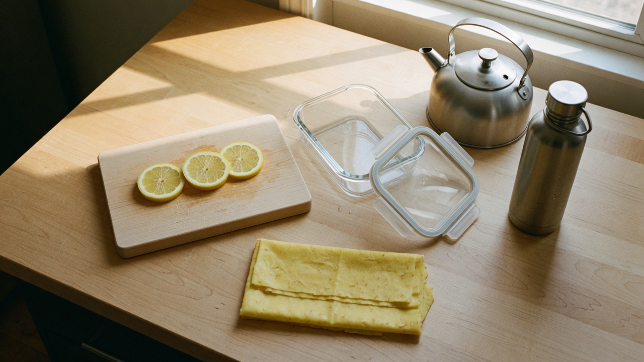 Maple cutting board with lemon slices, glass food container, stainless kettle, and steel water bottle on a kitchen counter