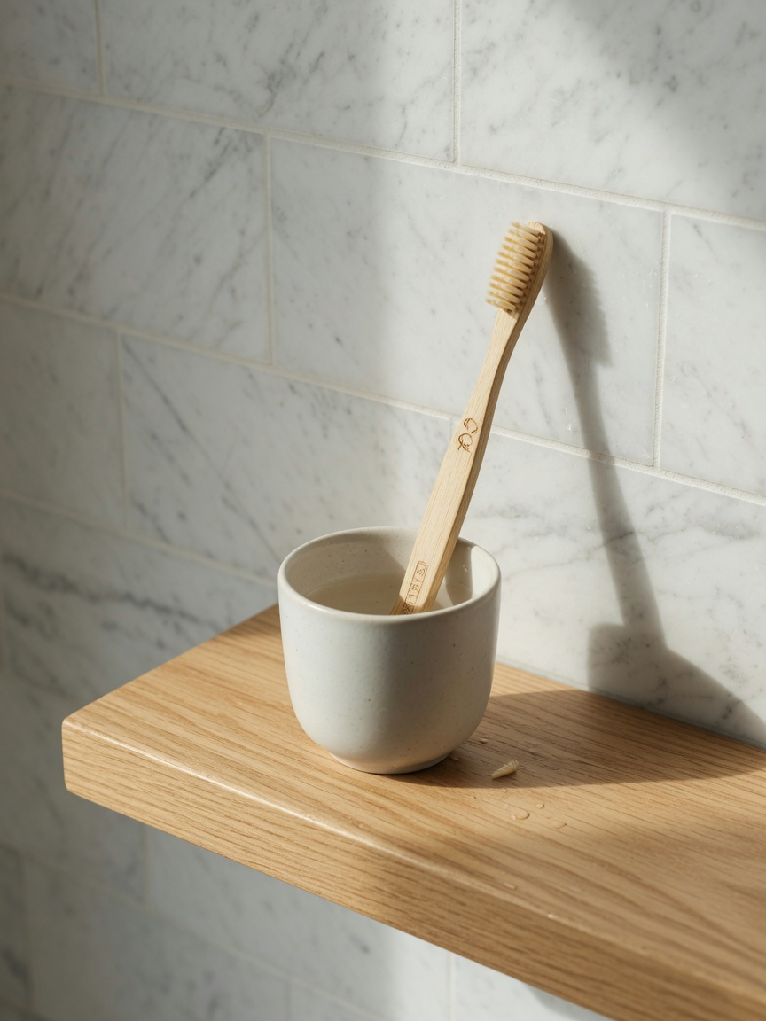 Adult bamboo toothbrush in a ceramic cup