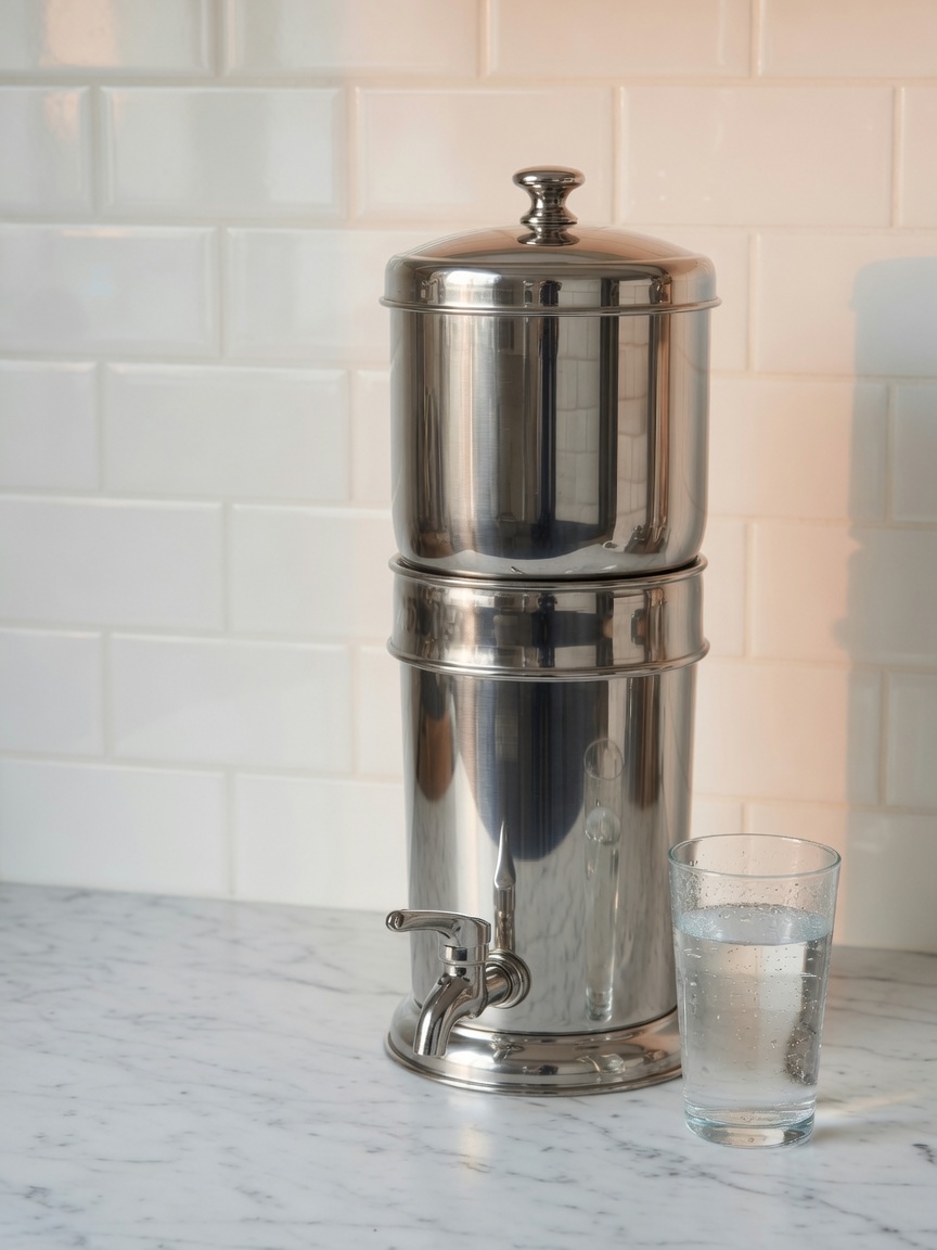Polished stainless British Berkefeld gravity filter