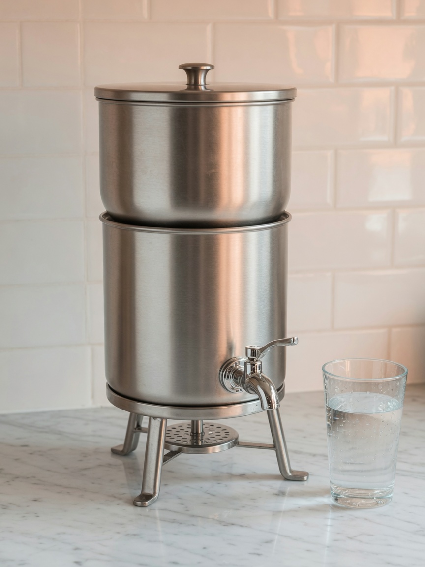 Brushed stainless Culligan MaxClear gravity filter on a stand