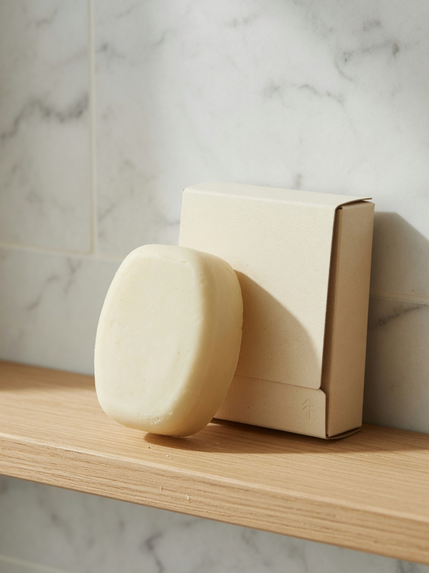 Solid deodorant bar in front of a compostable paperboard box