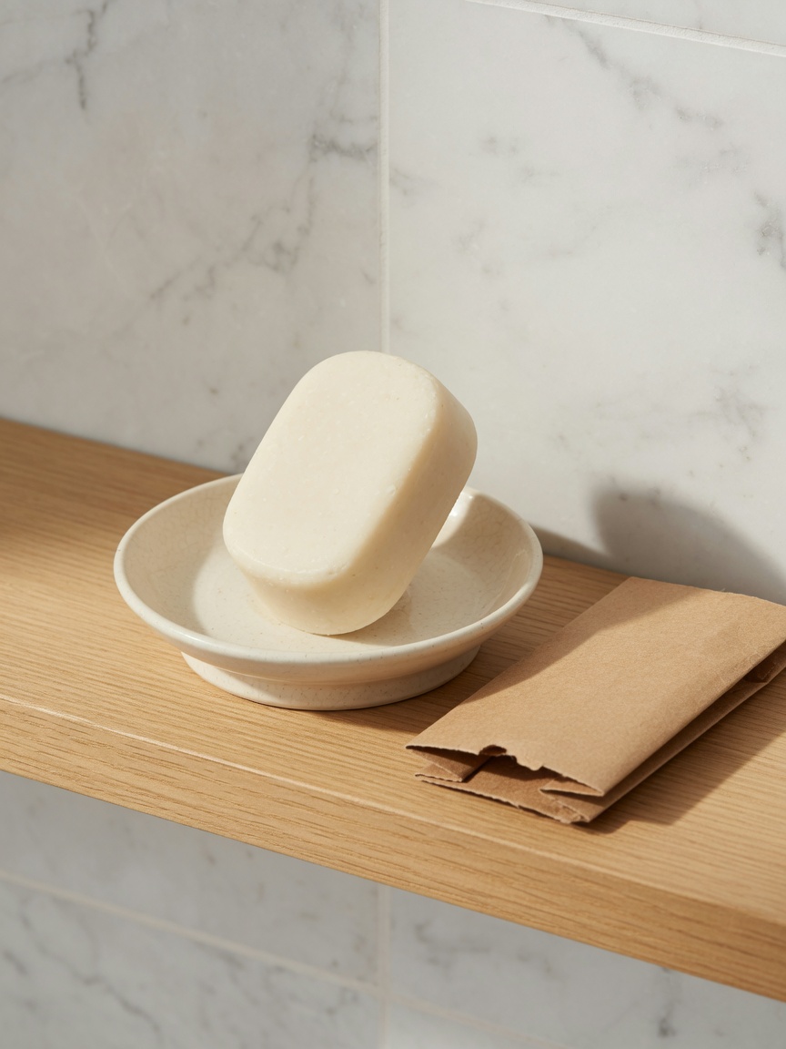 Unscented cream shampoo bar on a ceramic dish with kraft cardboard sleeve