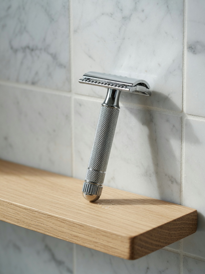 Chrome closed-comb safety razor on a wood shelf