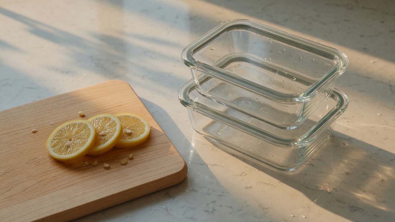 Clean glass food containers with glass lids next to lemon slices on a maple board