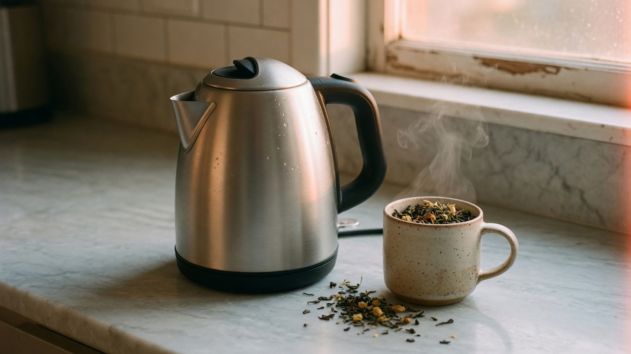 Stainless steel Secura-style electric kettle next to a mug of loose leaf tea