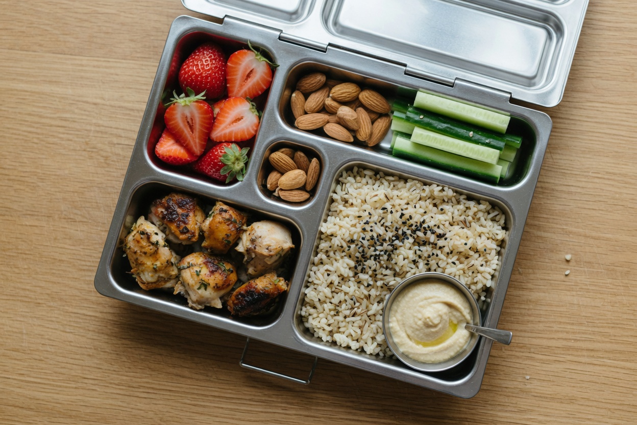 Open stainless steel bento lunch box packed with strawberries, chicken, rice, cucumber, and hummus