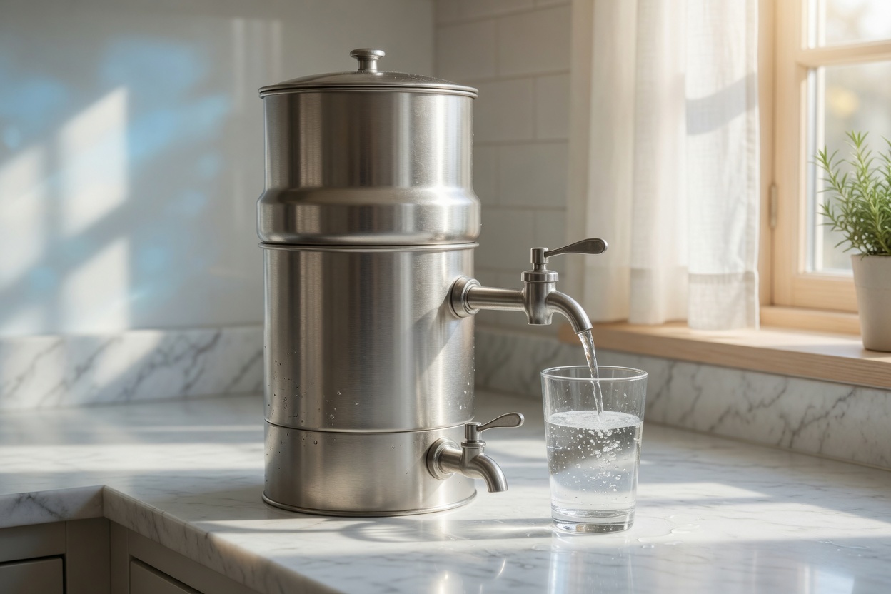 Stainless steel gravity water filter filling a drinking glass on a kitchen counter